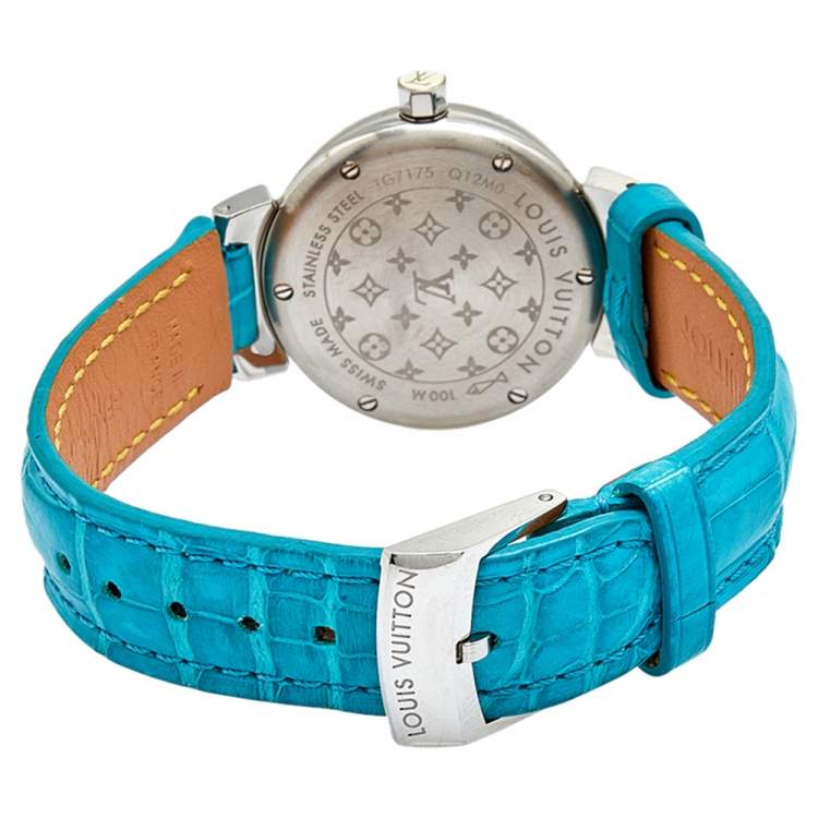Pre Owned Louis Vuitton Mother Of Pearl Stainless Steel Diamond Alligator Leather Tambour Lovely Cup Q12M0 Women's Wristwatch 28 mm