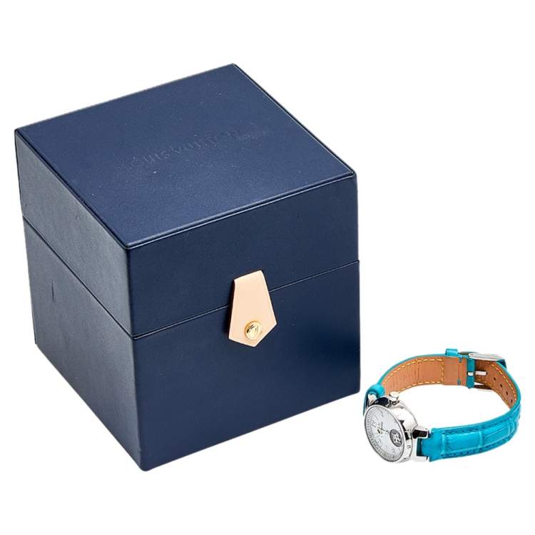 Pre Owned Louis Vuitton Mother Of Pearl Stainless Steel Diamond Alligator Leather Tambour Lovely Cup Q12M0 Women's Wristwatch 28 mm