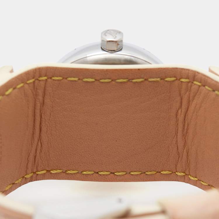 Pre Owned Louis Vuitton Pink Mother Of Pearl Stainless Steel Patent Leather Tambour Q1216 Women's Wristwatch 28 mm