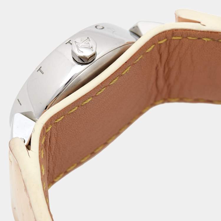 Pre Owned Louis Vuitton Pink Mother Of Pearl Stainless Steel Patent Leather Tambour Q1216 Women's Wristwatch 28 mm