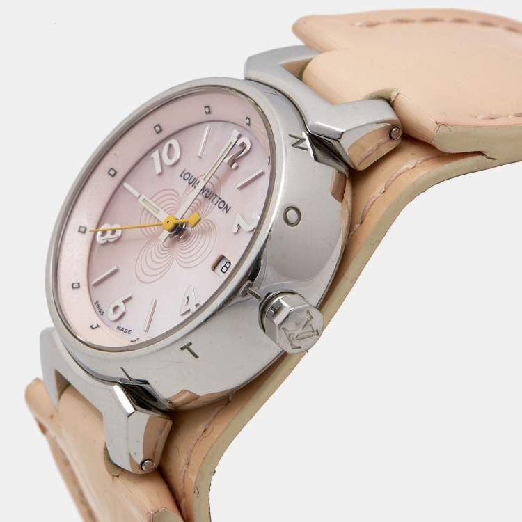 Louis Vuitton Pink Mother Of Pearl Stainless Steel Patent Leather Tambour  Q1216 Women's Wristwatch 28 mm Louis Vuitton