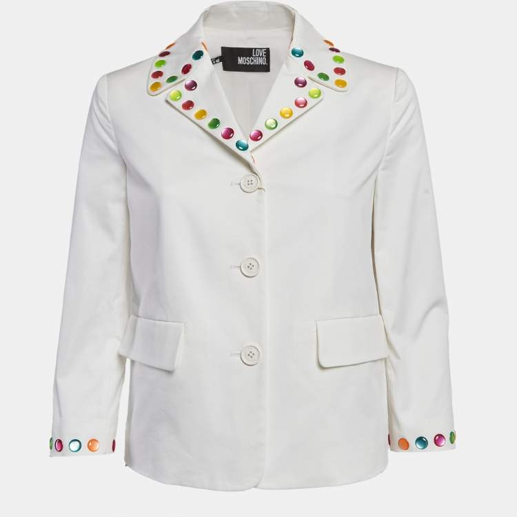 Pre Owned Love Moschino White Multicolor Stud Embellished Gabardine Blazer S