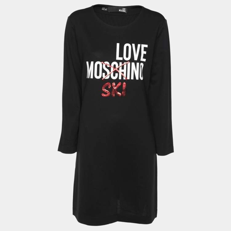 Pre Owned Love Moschino Black Jersey Logo Print Sheath Dress M