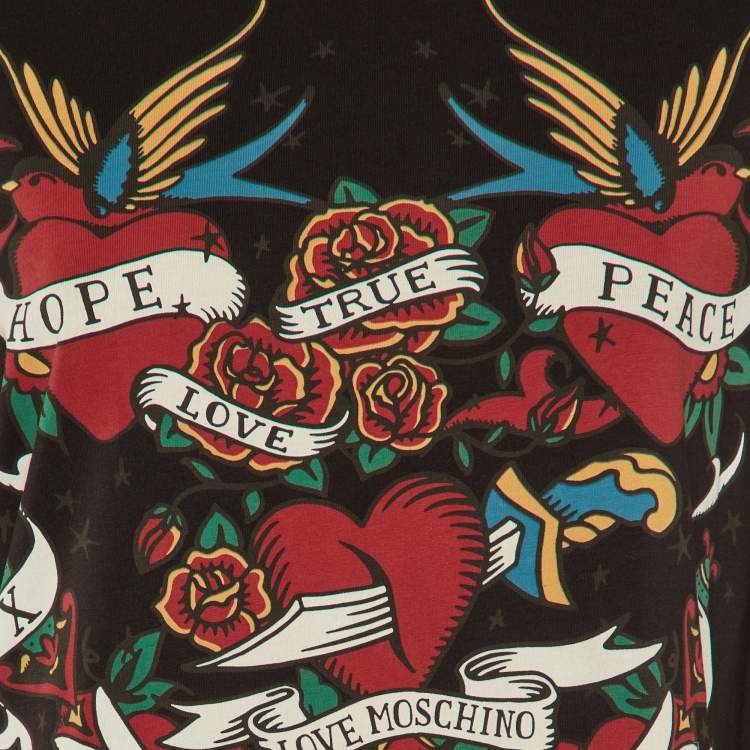 Pre Owned Love Moschino Brown Heart and Rose Print Jersey T-Shirt Dress L