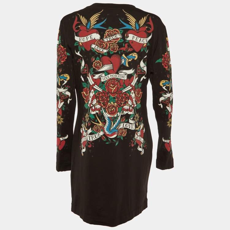 Pre Owned Love Moschino Brown Heart and Rose Print Jersey T-Shirt Dress L
