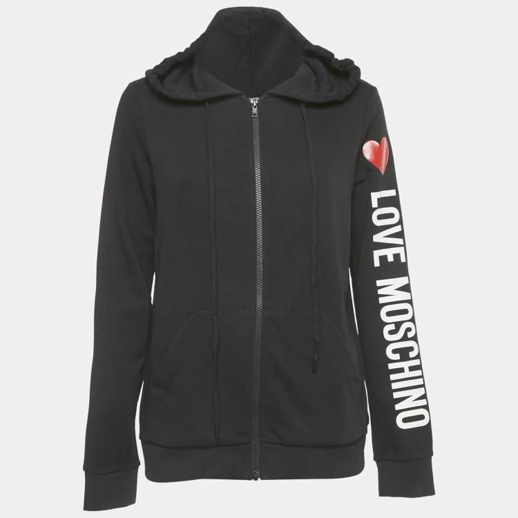 Pre Owned Love Moschino Black Logo Print Cotton Knit Zip-Up Sweatshirt M