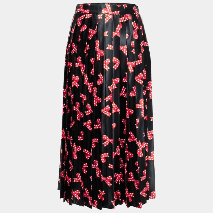 Pre Owned Love Moschino Black Bow Printed Satin Pleated Skirt S
