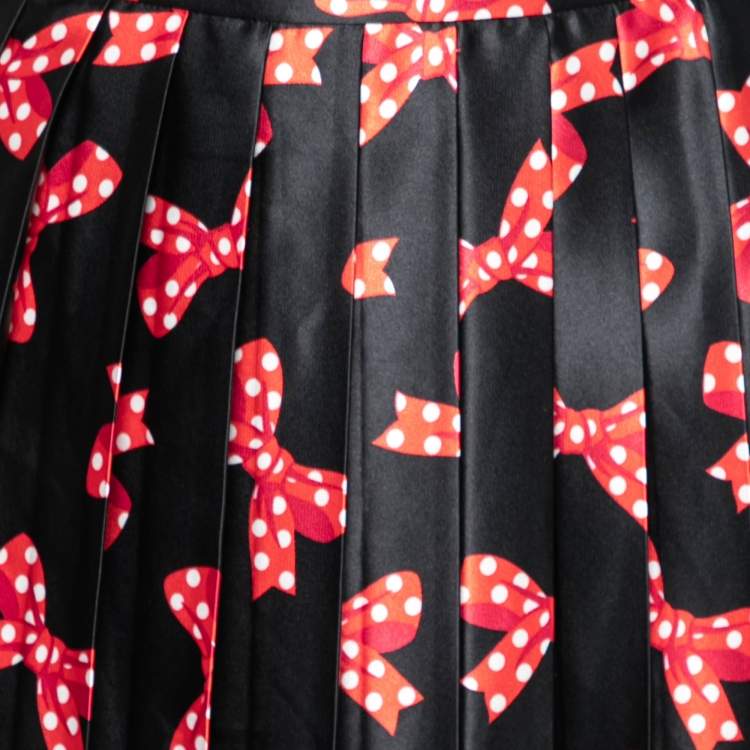 Pre Owned Love Moschino Black Bow Printed Satin Pleated Skirt S