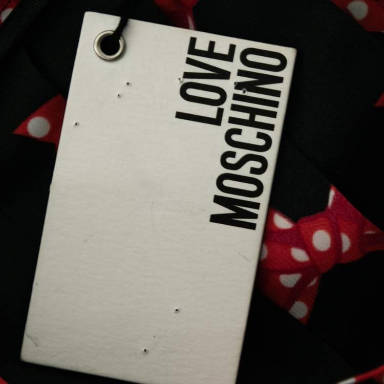 Pre Owned Love Moschino Black Bow Printed Satin Pleated Skirt S