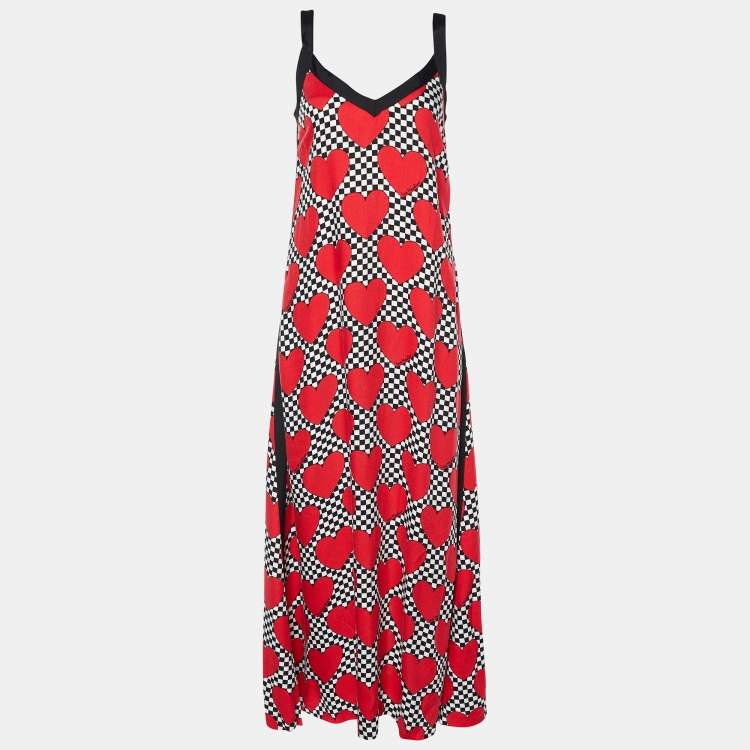 Pre Owned Love Moschino Red Love & Checkered Printed Maxi Dress S