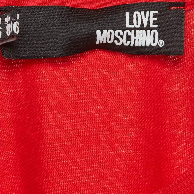 Pre Owned Love Moschino Red Printed Cotton Knit Crew Neck T-Shirt S