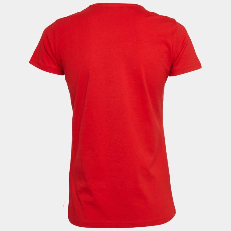 Pre Owned Love Moschino Red Printed Cotton Knit Crew Neck T-Shirt S