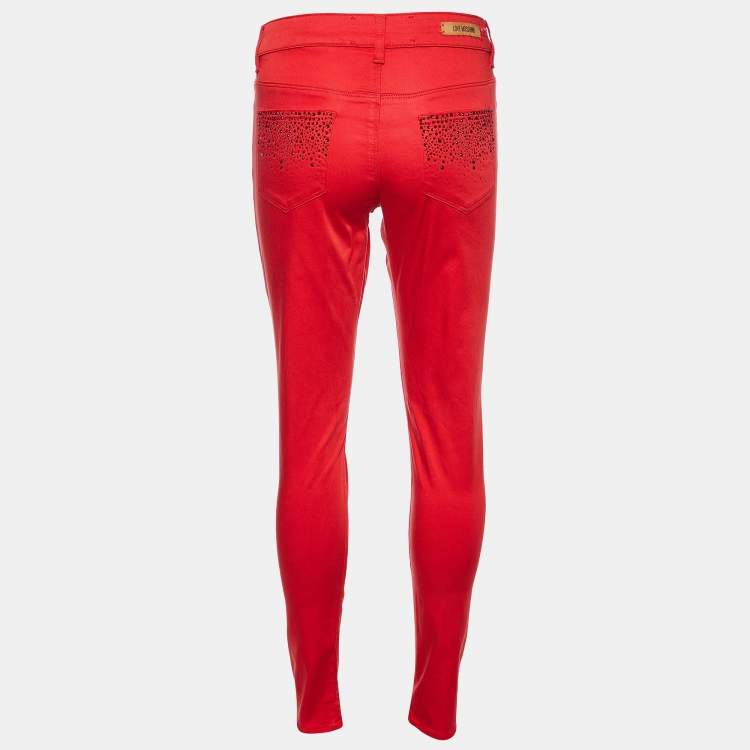 Pre Owned Love Moschino Red Cotton Embellished Tapered Pants M