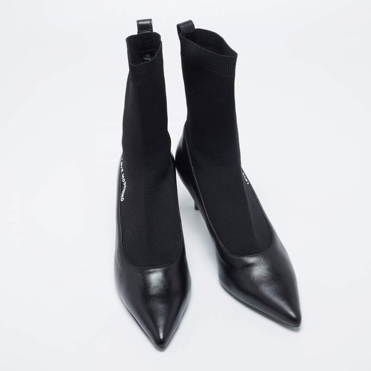 Pre Owned Love Moschino Black Leather And Knit Fabric Pointed Toe Classic Ankle Boots Size 38