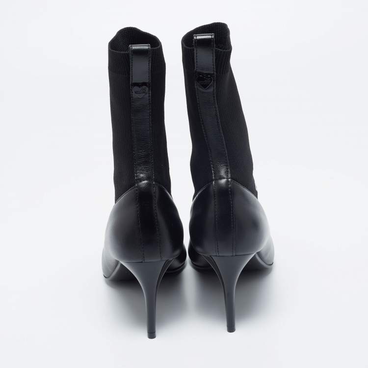 Pre Owned Love Moschino Black Leather And Knit Fabric Pointed Toe Classic Ankle Boots Size 38
