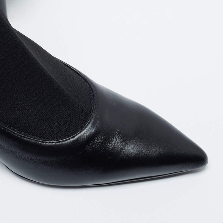 Pre Owned Love Moschino Black Leather And Knit Fabric Pointed Toe Classic Ankle Boots Size 38