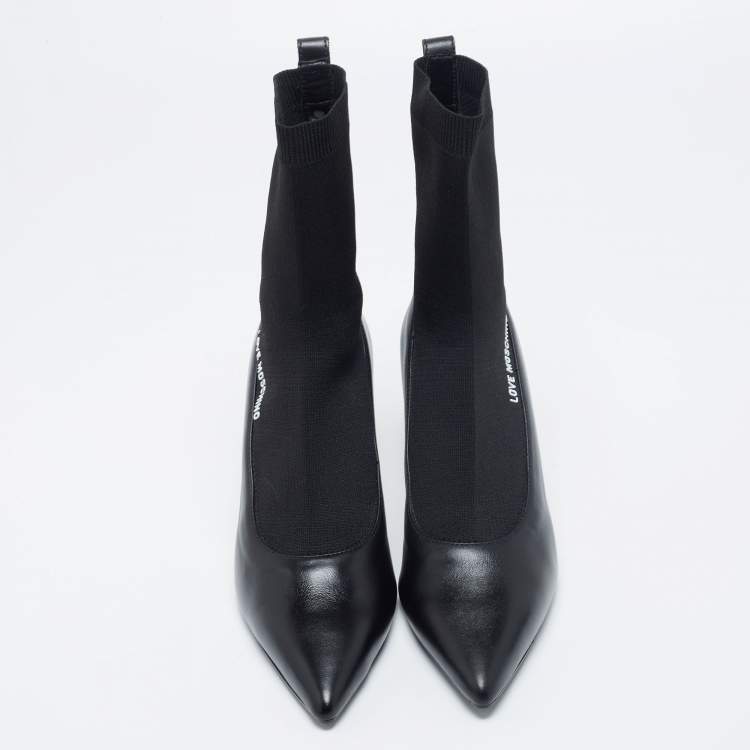 Pre Owned Love Moschino Black Leather And Knit Fabric Pointed Toe Classic Ankle Boots Size 38