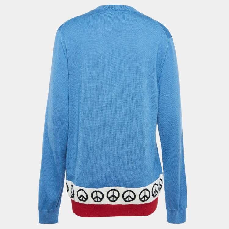 Pre Owned Love Moschino Blue Intarsia Knit Front Button Cardigan L