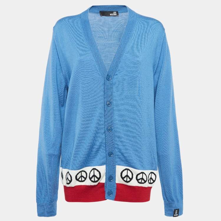 Pre Owned Love Moschino Blue Intarsia Knit Front Button Cardigan L