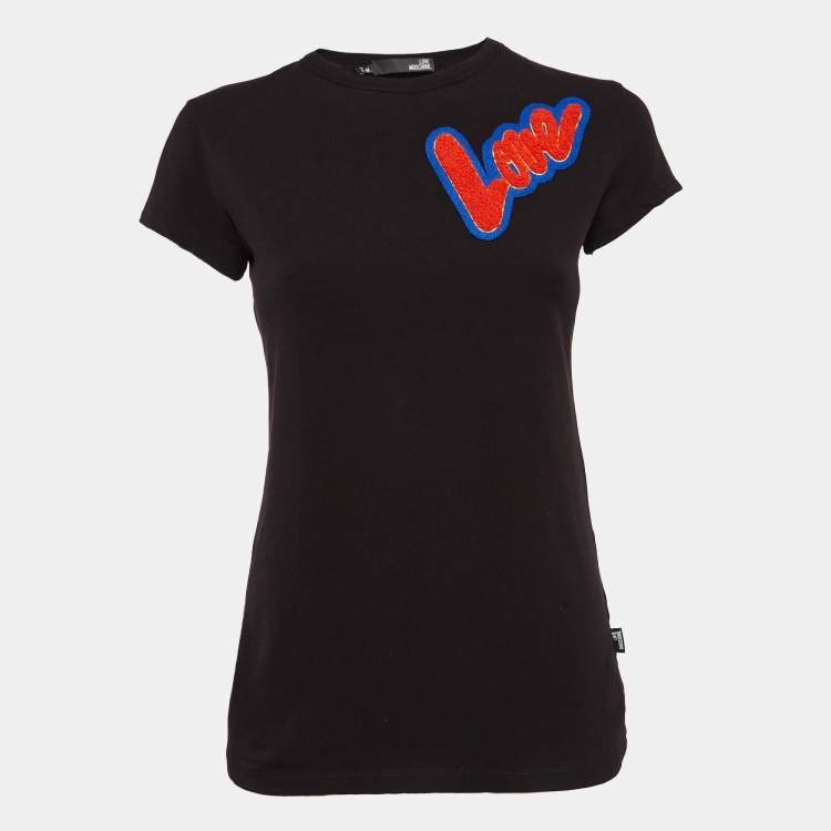 Pre Owned Love Moschino Black Cotton Knit Love Patch Detail T-Shirt S