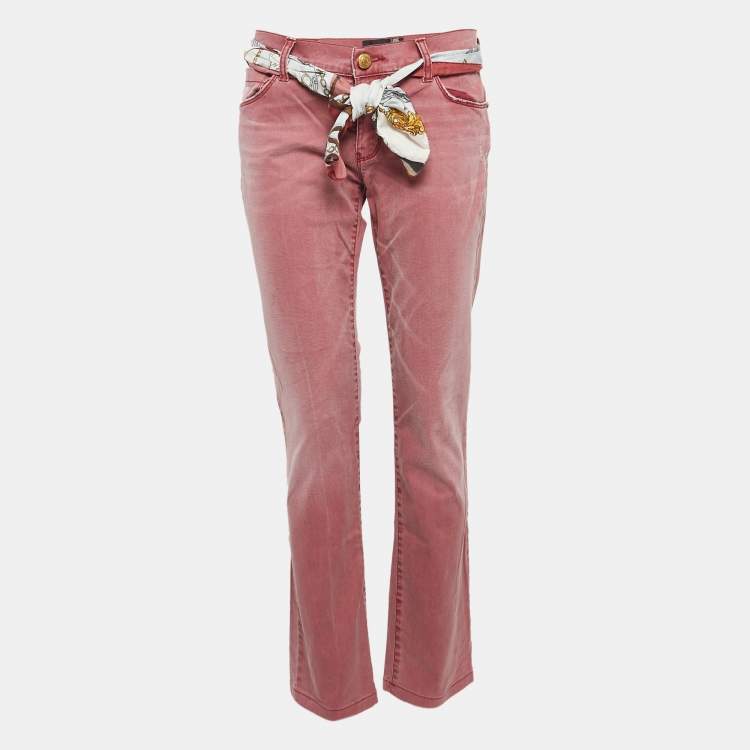 Pre Owned Love Moschino Burgundy Washed Denim Belted Jeans M Waist 34"