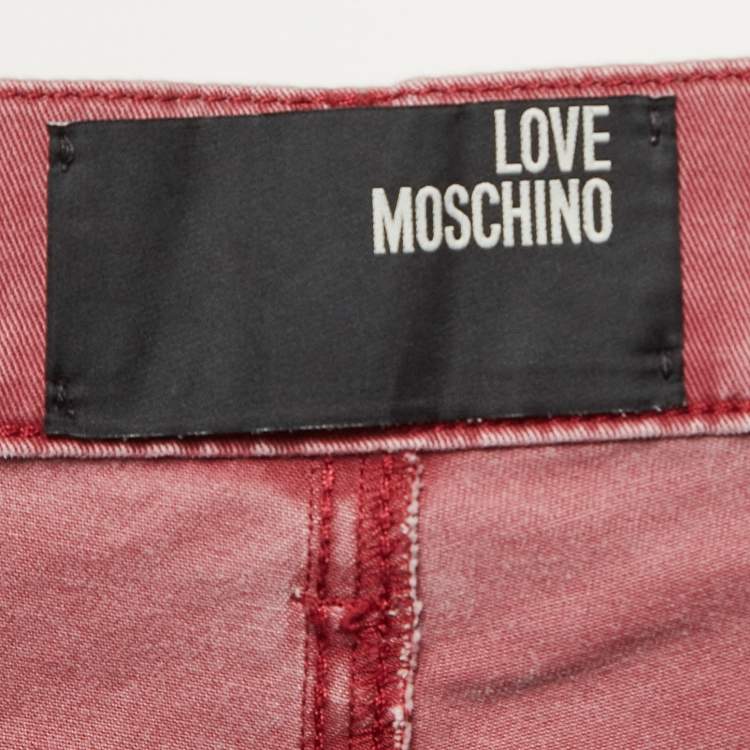 Pre Owned Love Moschino Burgundy Washed Denim Belted Jeans M Waist 34"