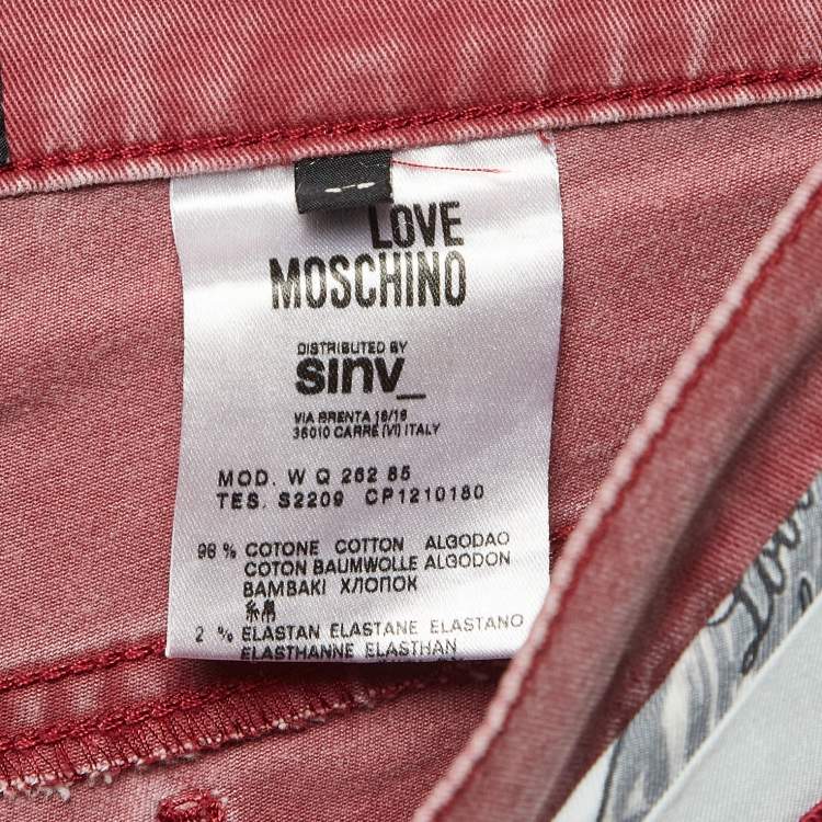 Pre Owned Love Moschino Burgundy Washed Denim Belted Jeans M Waist 34"