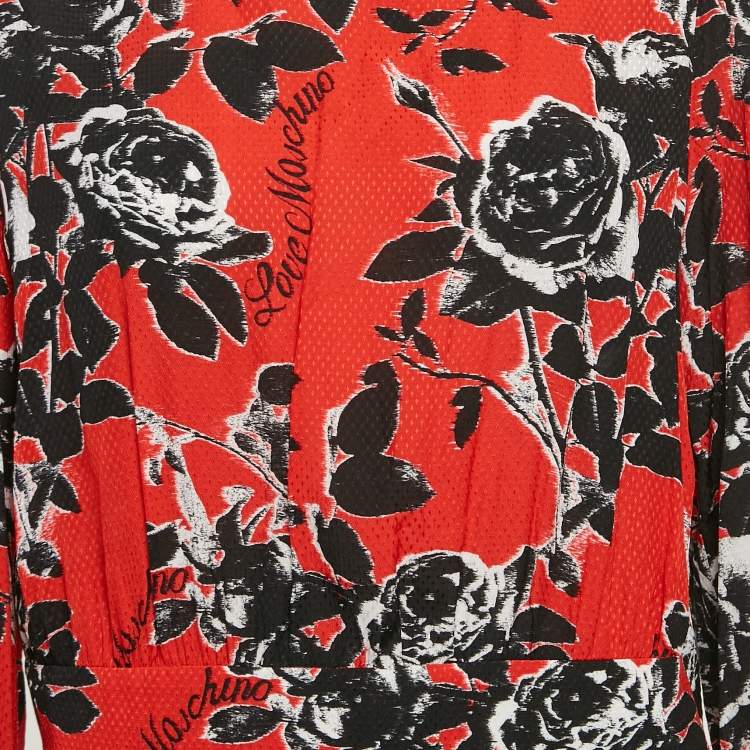 Pre Owned Love Moschino Red Textured Floral Print Crepe Short Dress M