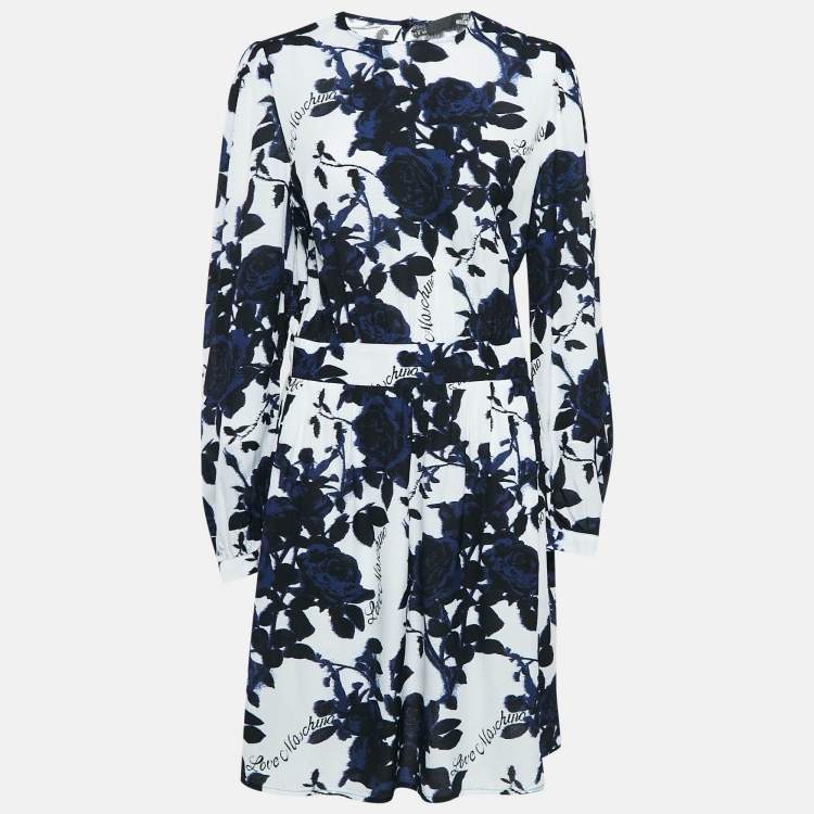 Pre Owned Love Moschino White Rose Print Textured Crepe Short Dress M