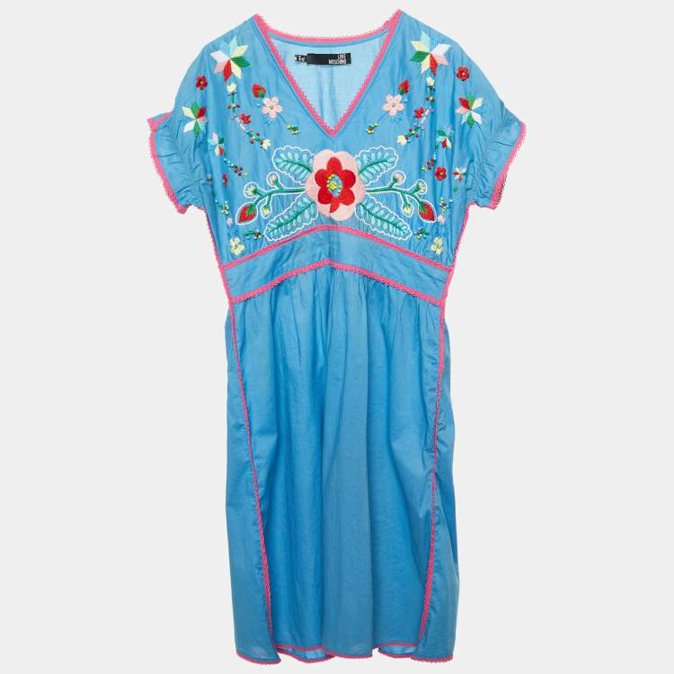 Pre Owned Love Moschino Blue Floral Embroidered Cotton V-Neck Dress M