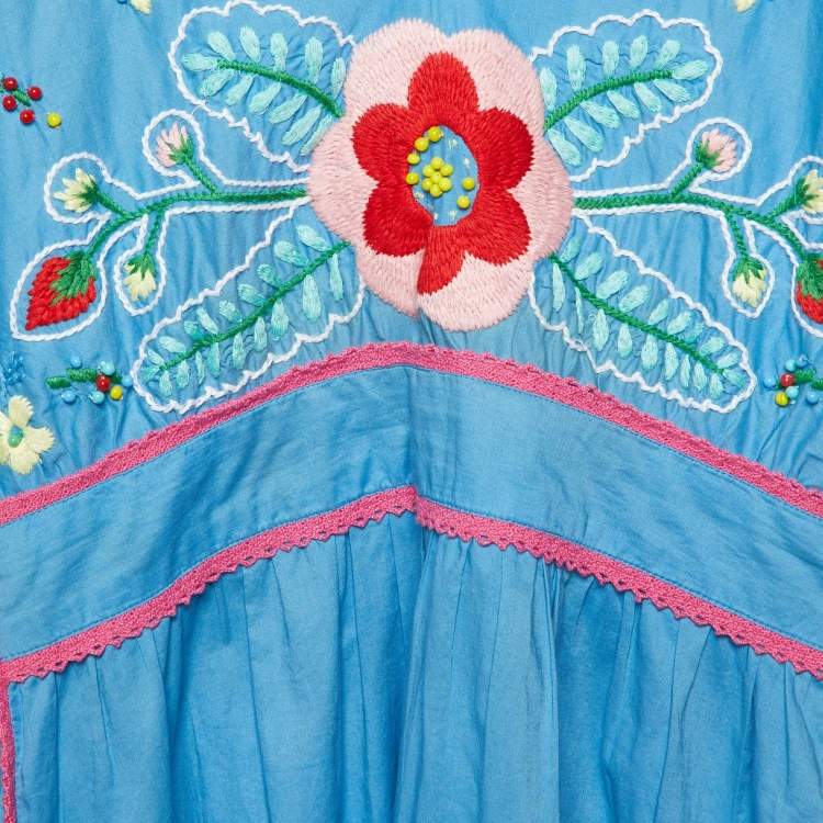 Pre Owned Love Moschino Blue Floral Embroidered Cotton V-Neck Dress M
