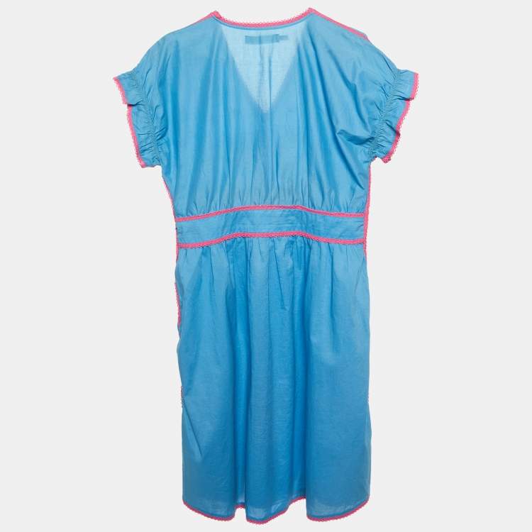 Pre Owned Love Moschino Blue Floral Embroidered Cotton V-Neck Dress M