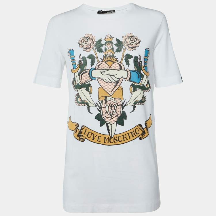 Pre Owned Love Moschino White Printed Cotton Crew Neck T-Shirt S