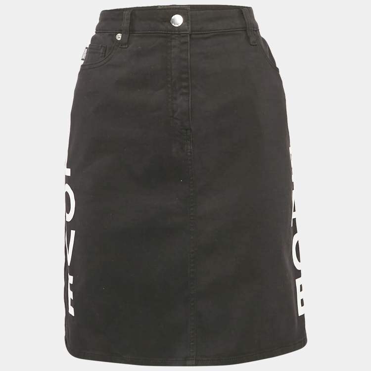 Pre Owned Love Moschino Black Printed Denim Heart Sequin Detail Mini Skirt M