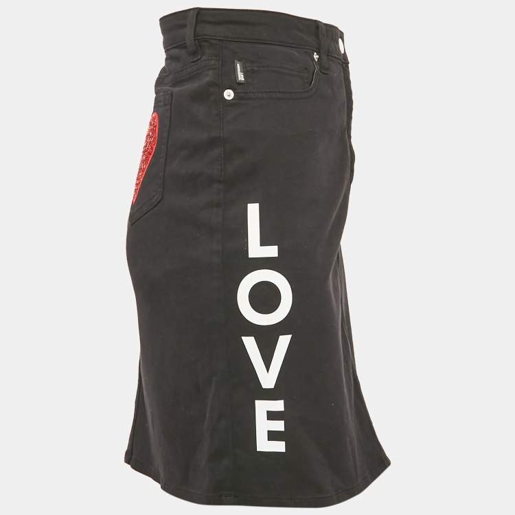 Pre Owned Love Moschino Black Printed Denim Heart Sequin Detail Mini Skirt M