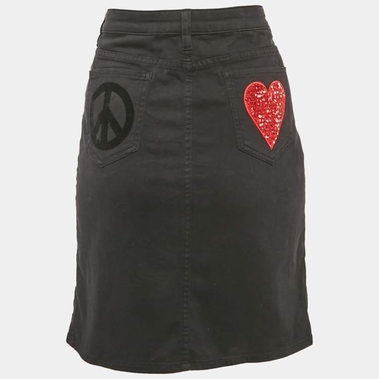 Pre Owned Love Moschino Black Printed Denim Heart Sequin Detail Mini Skirt M