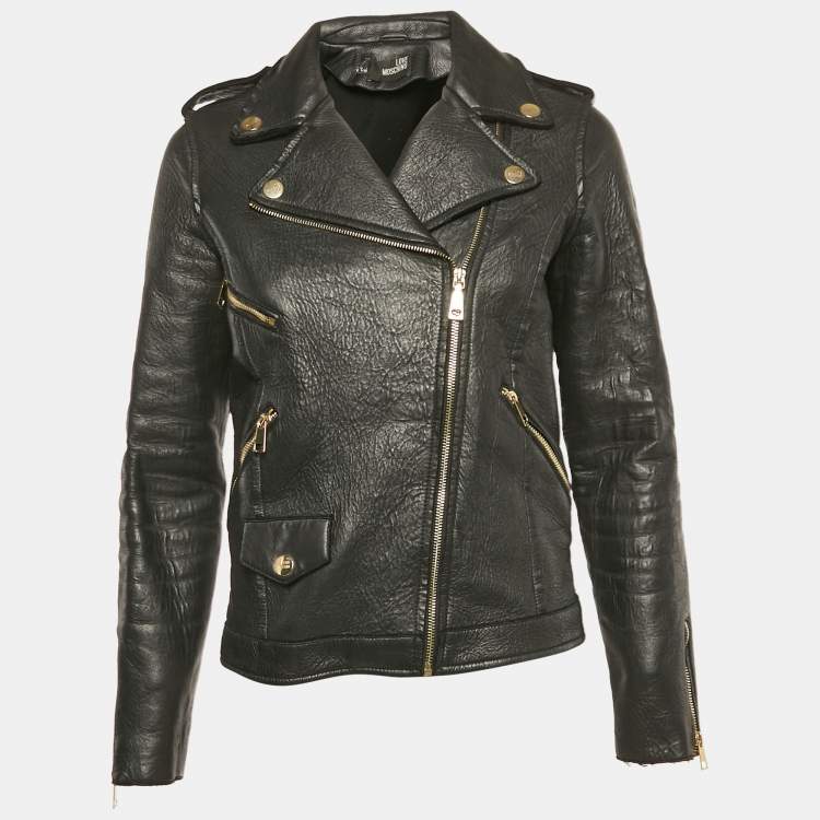 Pre Owned Love Moschino Black Spider Web Print Leather Riders Jacket S