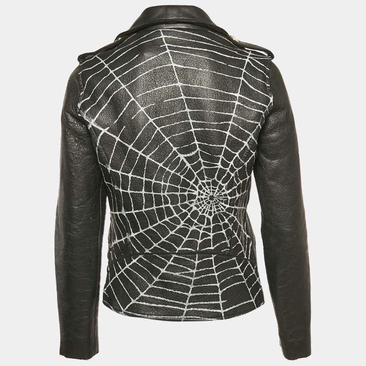 Pre Owned Love Moschino Black Spider Web Print Leather Riders Jacket S