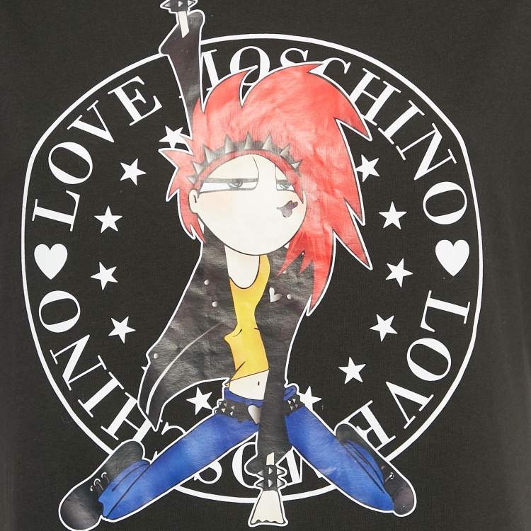 Pre Owned Love Moschino Black Printed Mesh and Jersey T-Shirt Dress M