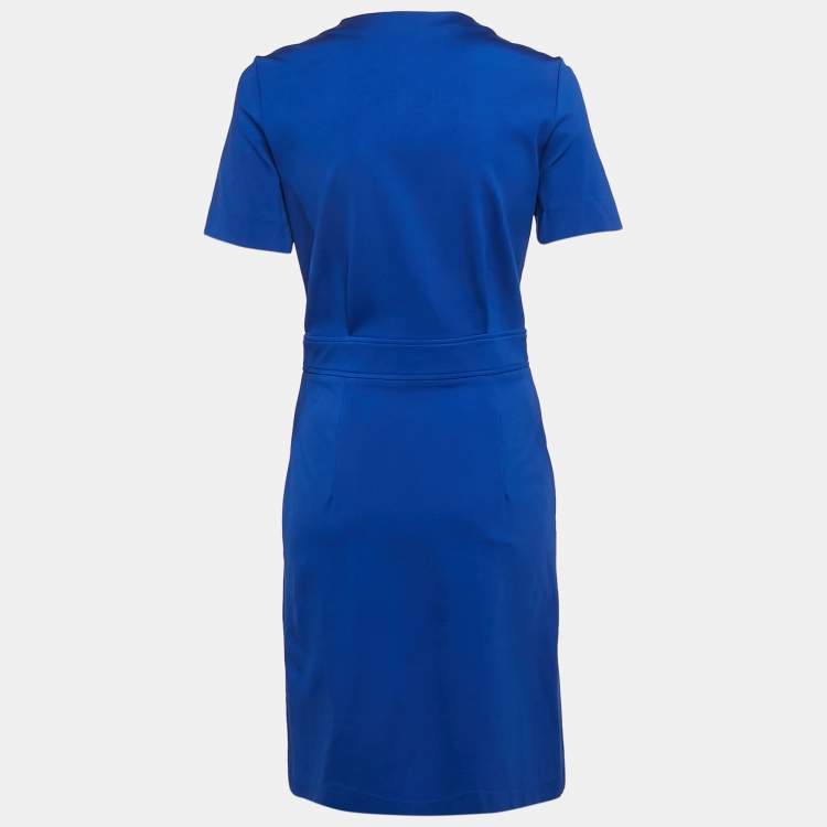 Pre Owned Love Moschino Blue Logo Plaque Jersey Zipper Detail Mini Dress M