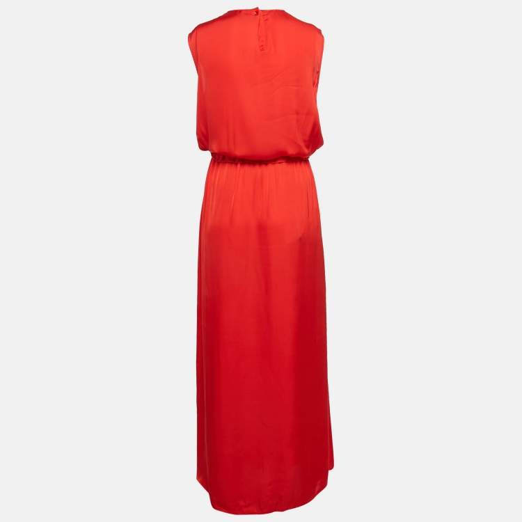 Pre Owned Love Moschino Red Satin Silk Waist Tie-Up Sleeveless Maxi Dress M