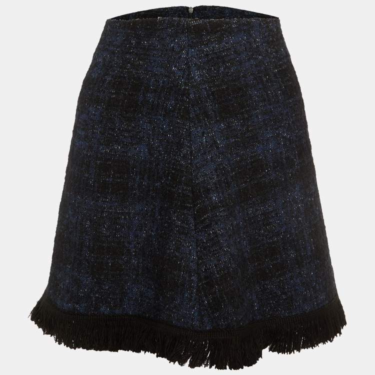 Pre Owned Love Moschino Navy Blue Tweed Fringed Mini Skirt M