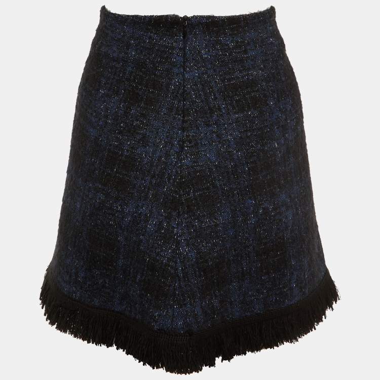 Pre Owned Love Moschino Navy Blue Tweed Fringed Mini Skirt M