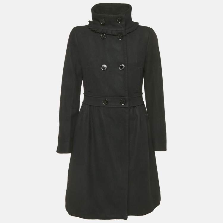 Pre Owned Love Moschino Black Wool Ruffle Detail Double Breasted Coat M