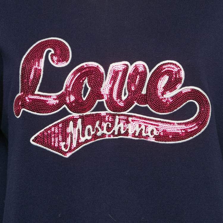 Pre Owned Love Moschino Navy Blue Sequin Embroidery Cotton Sweater Dress S