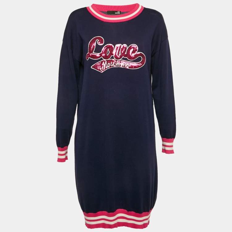 Pre Owned Love Moschino Navy Blue Sequin Embroidery Cotton Sweater Dress S