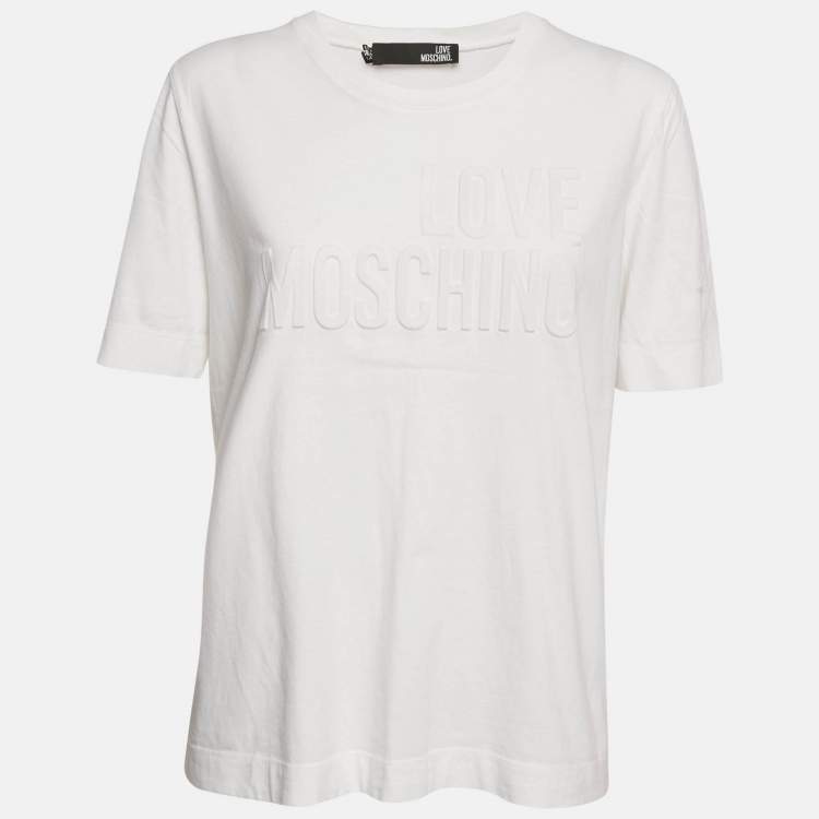 Pre Owned Love Moschino White Logo Embossed Cotton Crew Neck T-Shirt M