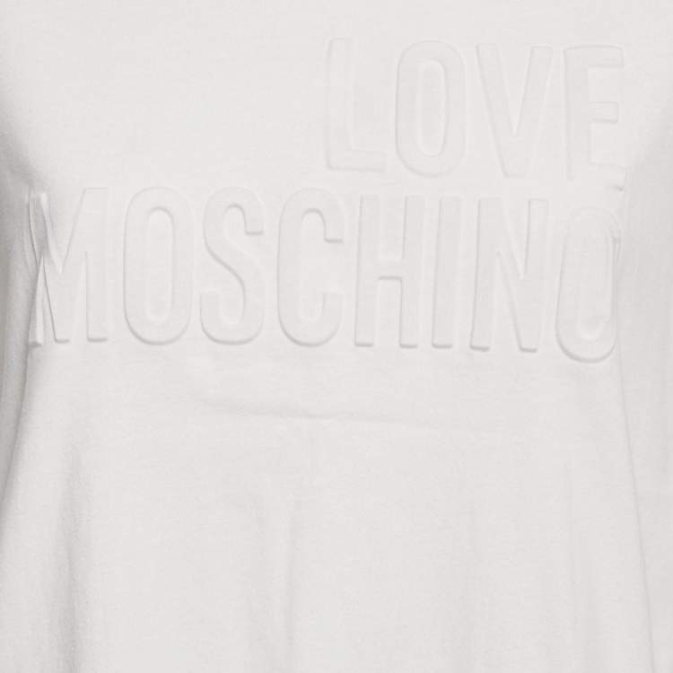 Pre Owned Love Moschino White Logo Embossed Cotton Crew Neck T-Shirt M