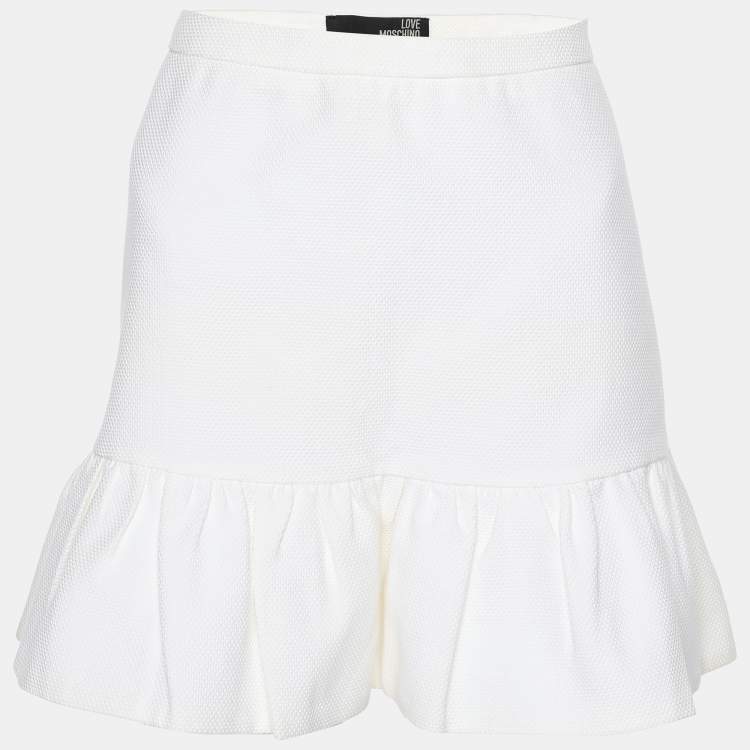 Pre Owned Love Moschino White Textured Cotton Pleated Bottom Mini Skirt M
