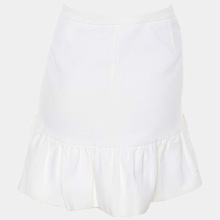 Pre Owned Love Moschino White Textured Cotton Pleated Bottom Mini Skirt M